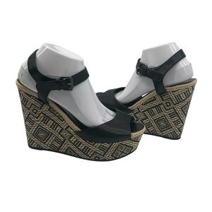Vera Wang Black Leather Geometric Print Wedge Platform Sandals Size 10 Women’s